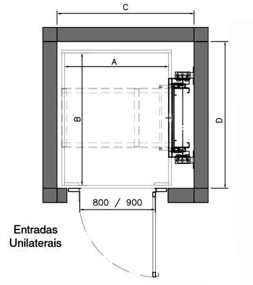 Planta da plataforma cabinada com as cotas A, B, C, D e a porta de 800 ou 900 mm