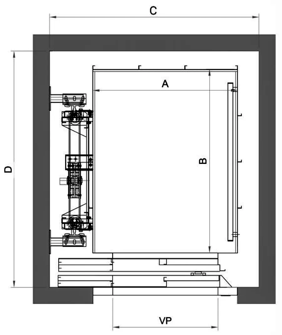 Planta da caixa do elevador hidráulico com as cotas A, B, C, D e VP